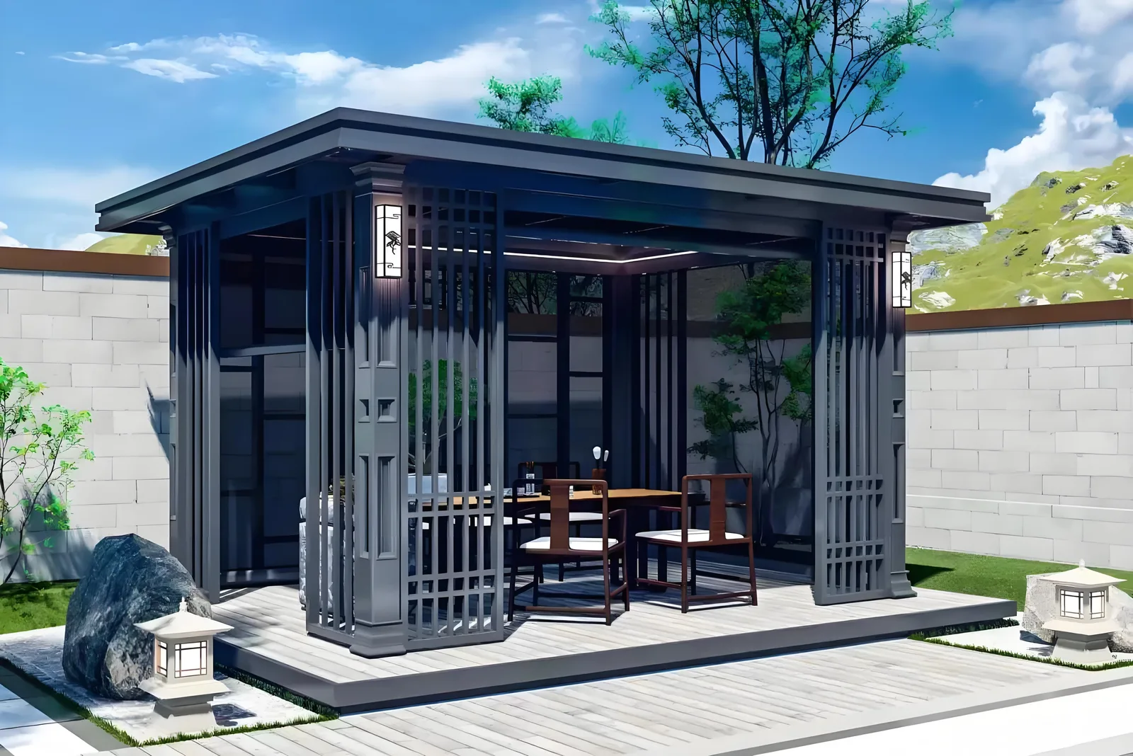 Smart aluminium gazebo with an electric louvered roof in a courtyard
